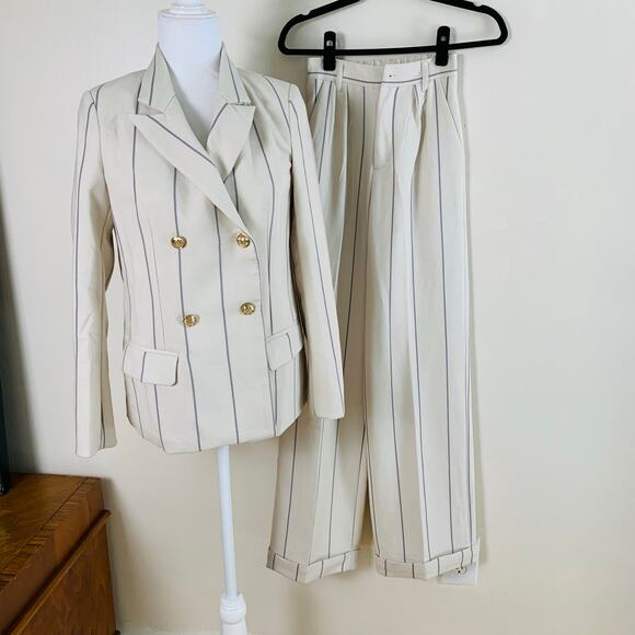 By Egreis Sz XS 2-Piece Suit Pants w/ Double Breasted Blazer Cream Blue Striped - Picture 1 of 13